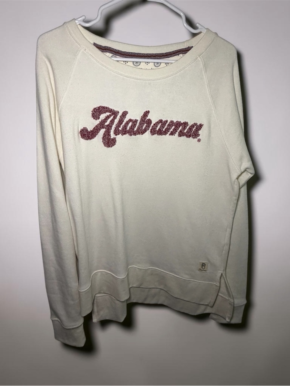 Pressbox Cream Sweatshirt with Maroon "Alabama" Chenille Script